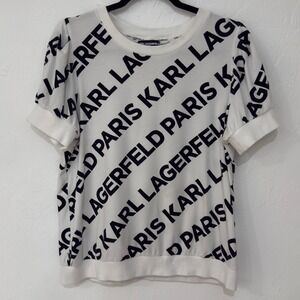 Karl Lagerfeld Paris Womens Logo Print Short Sleeve Knit Top White Black L1DH688